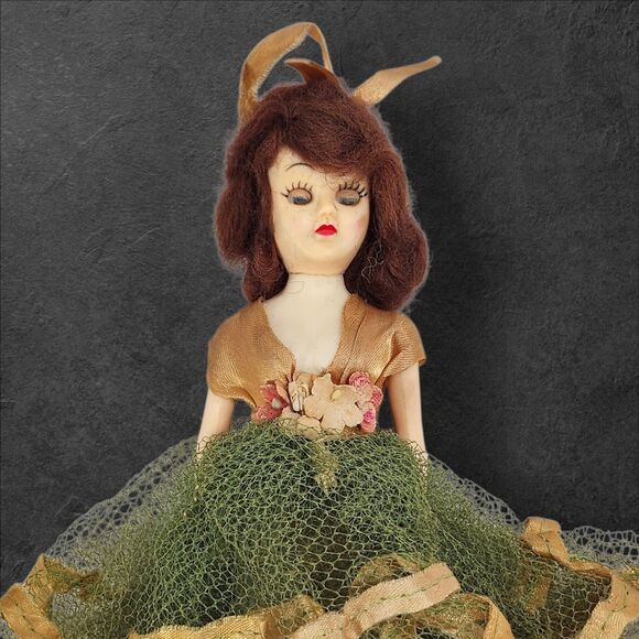 Vintage 1950s Hard Plastic Bridesmaid Doll 8” Sleepy Eyes Tulle Dress Green Gold - Picture 8 of 9